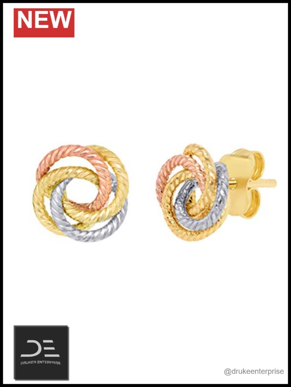 14K Tri-Color Gold Twisted Love Knot Stud Earrings, 9mm
